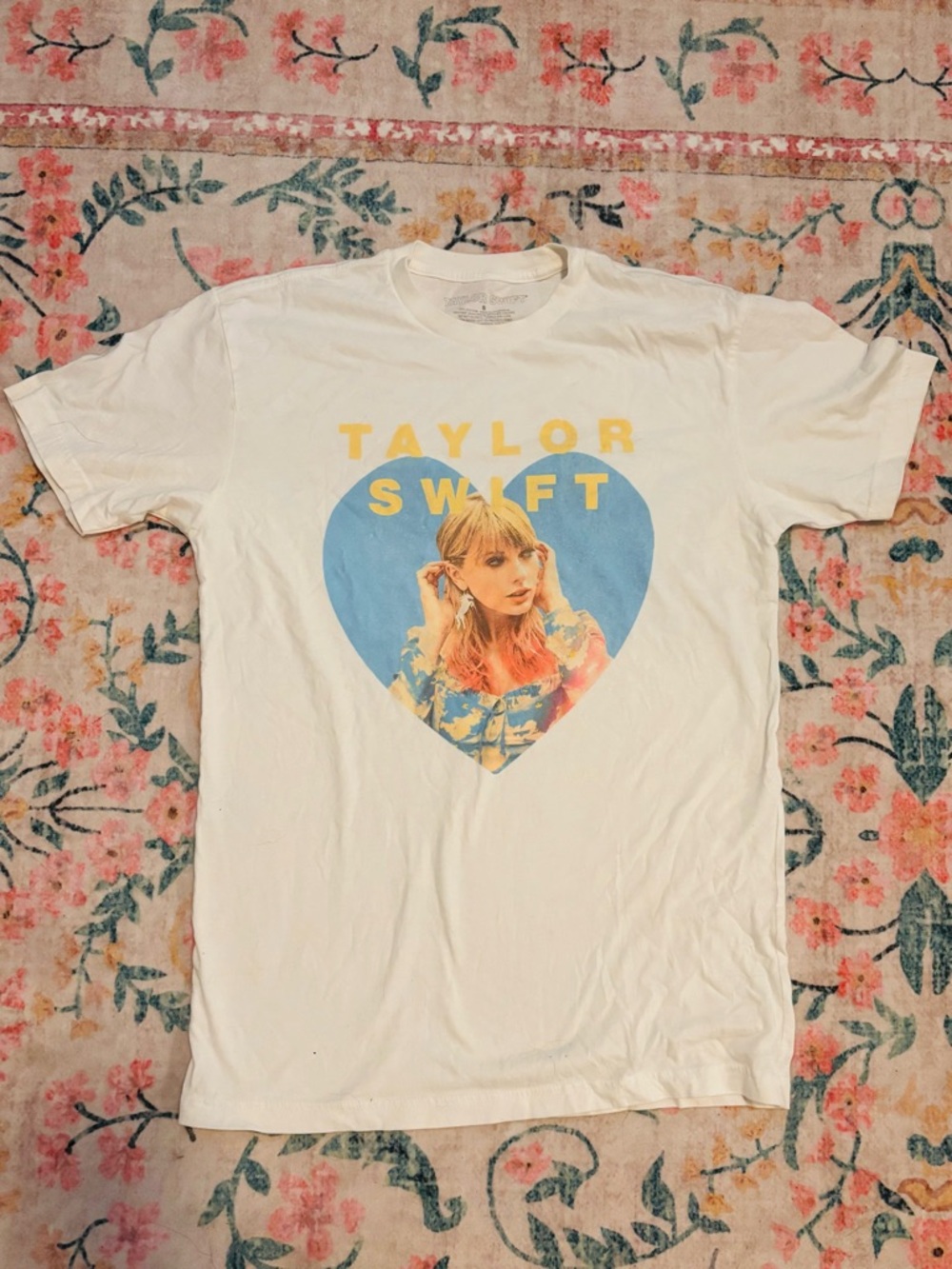 Taylor Swift Lover Era White Tee with Yellow Lettering & Blue Heart Print - RARE
